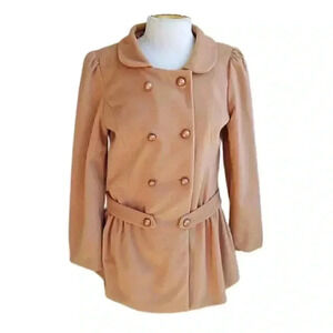 New Classic Style Camel Double Breasted Ruffled Belted Faux Wool Pea Coat